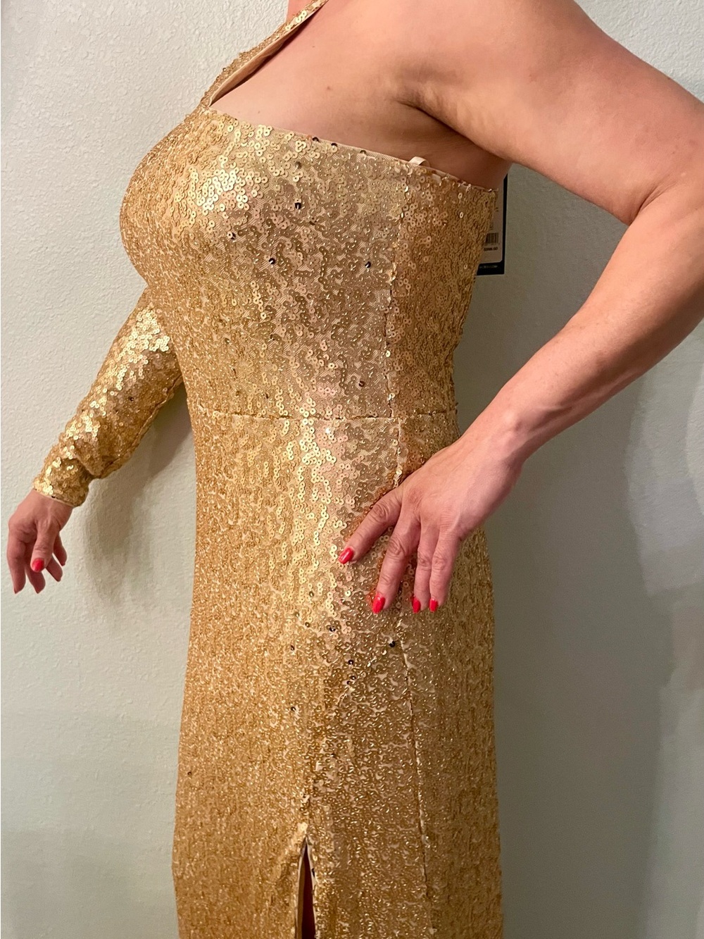 BCBGMaxAzria Gold Sequin One-Shoulder Gown with Sleeve